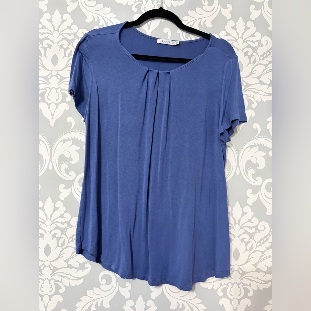 Blue Short-Sleeve Pleat Front Women's Top -